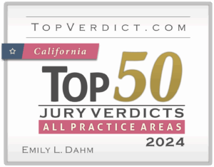 Badge from TopVerdict.com stating that Emily Dahm had a Top 50 jury verdict in California for 2024 - Mirador Law, Personal Injury Lawyers