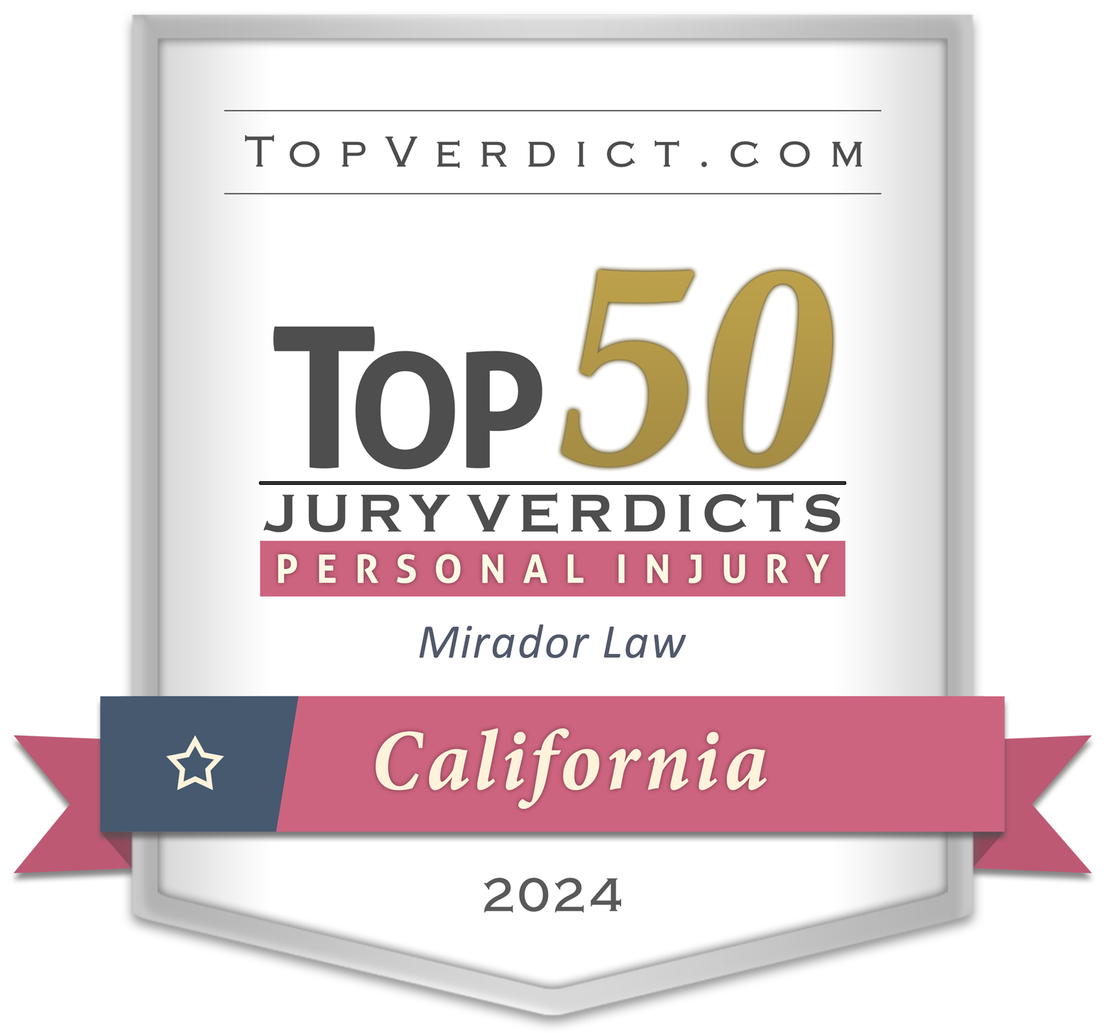 Badge from TopVerdict.com stating that Mirador Law had a Top 50 jury verdict in California for 2024 - Mirador Law, Personal Injury Lawyers